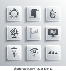Set Eye of Horus, Egypt pyramids, Flag Of, Egyptian lotus, Coral, Magic symbol Ouroboros and anubis icon. Vector