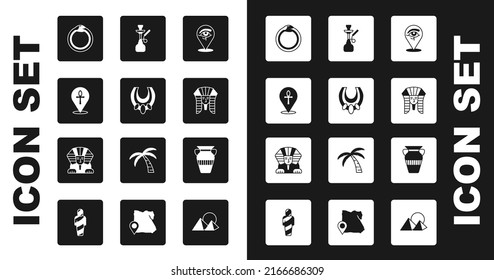 Set Eye of Horus, Egyptian necklace, Cross ankh, Magic symbol Ouroboros, pharaoh, Hookah, vase and Sphinx icon. Vector