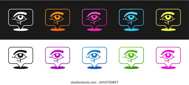 Set Eye of Horus icon isolated on black and white background. Ancient Egyptian goddess Wedjet symbol of protection, royal power and good health.  Vector