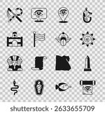 Set Eye of Horus on papyrus scroll, Obelisk Alexandria, Sun, Flag Of Egypt, Egyptian house, Crook flail and Scarab icon. Vector