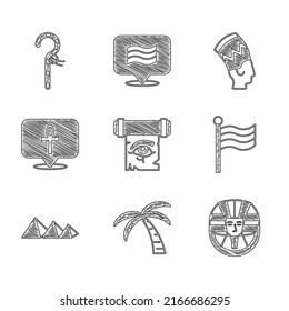 Set Eye of Horus on papyrus scroll, Tropical palm tree, Egyptian pharaoh, Flag Of, pyramids, Cross ankh, Nefertiti and Crook icon. Vector