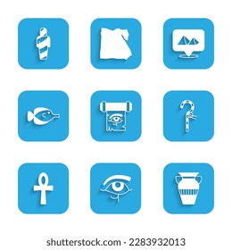 Set Eye of Horus on papyrus scroll, Egyptian vase, Crook, Cross ankh, Butterfly fish, pyramids and mummy icon. Vector