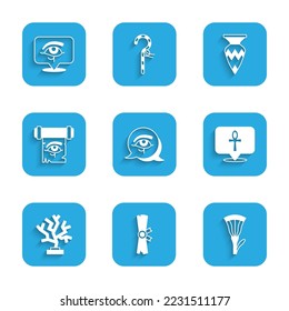 Set Eye of Horus, Papyrus scroll, Egyptian lotus, Cross ankh, Coral, on papyrus, vase and  icon. Vector