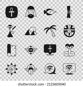 Set Eye of Horus, Snake, Egyptian pharaoh, Butterfly fish, pyramids, Hookah, Cross ankh and Tropical palm tree icon. Vector