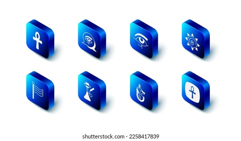 Set Eye of Horus, Sun, Cross ankh, Egyptian anubis, Hookah, Flag Of and  icon. Vector
