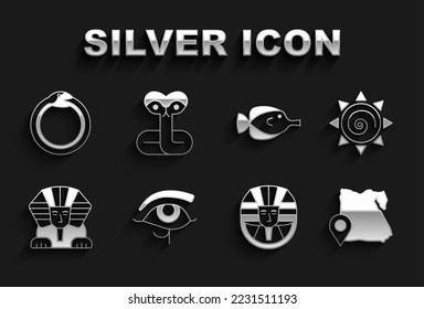 Set Eye of Horus, Sun, Map Egypt, Egyptian pharaoh, Sphinx, Butterfly fish, Magic symbol Ouroboros and Snake icon. Vector