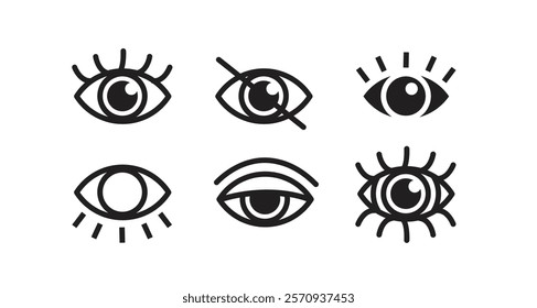 set of eye icon illustrations in various forms, symbols of visibility or sight. suitable for creating posters and websites