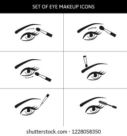 Set of eye icons with different brushes as step by step tutorial for makeup. Applying eyeshadows, eyeliner and mascara illustration 