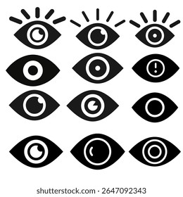 Set of eye icons in various styles including open and closed eyes, vision and privacy symbols, isolated on white background.