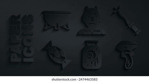 Set Eye in a jar, Magic wand, Candy, Psilocybin mushroom, Krampus, heck and Halloween witch cauldron icon. Vector