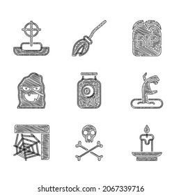 Set Eye In A Jar, Skull On Crossbones, Burning Candle, Zombie Hand, Spider Web, Funny Scary Ghost Mask, Tombstone With RIP Written And  Icon. Vector