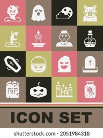 Set Eye In A Jar, Tombstone With RIP Written, Bottle Potion, Moon And Stars, Burning Candle, Zombie Hand, Mask And Priest Icon. Vector