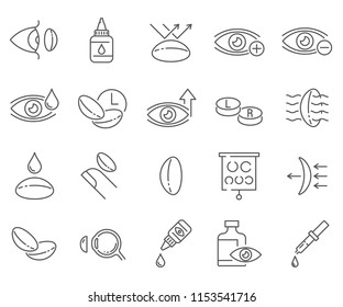 Set of eye lens Related Vector Line Icons. Contains such Icons as poor vision, eyes, eye drops, ophthalmology and more.  
