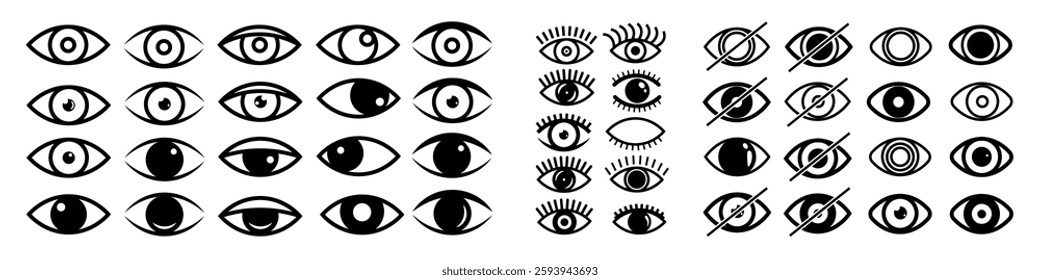 Set of eye linear icons. Show or hide password. Crossed out eye symbol for app or website design.  Various shapes. Vector illustration.