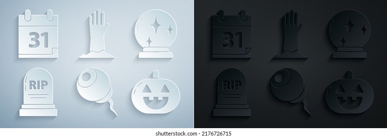 Set Eye, Magic ball, Tombstone with RIP, Pumpkin, Zombie hand and Calendar Halloween date 31 october icon. Vector