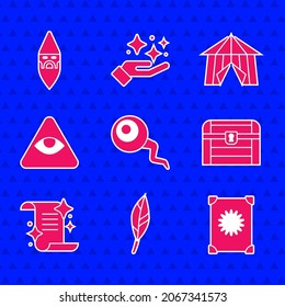 Set Eye, Magic feather, Ancient magic book, Antique treasure chest, Masons, Circus tent and Wizard warlock icon. Vector