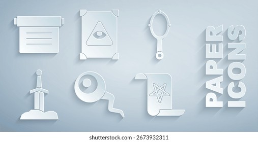 Set Eye, Magic hand mirror, Sword in the stone, Ancient magic book,  and  icon. Vector