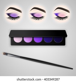 Set of eye makeup. Closed eye with long eyelashes. Eye shadows and brush. Vector illustration.