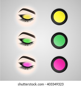 Set of eye makeup. Closed eye with long eyelashes. Set of eye shadows. Vector illustration.