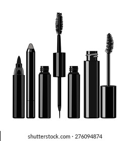 set of eye makeup -  mascara, eyeliner, liquid eyeliner. Vector illustration for cosmetic banners, brochures and promotional items.