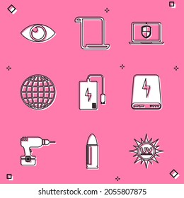 Set Eye, Paper scroll, Laptop with shield, Earth globe, Power bank and  icon. Vector