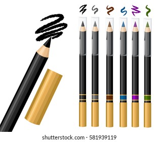 Set of eye pencil. Vector fashion sketch makeup contrasty glamour in vogue style. Isolated elements on white background eye