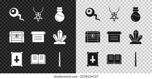 Set Eye, Pentagram on necklace, Bottle with potion, Ancient magic book, Magic wand, Antique treasure chest and  icon. Vector