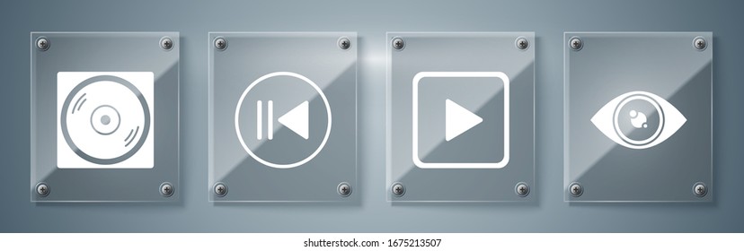 Set Eye, Play in square, Rewind and Vinyl disk. Square glass panels. Vector
