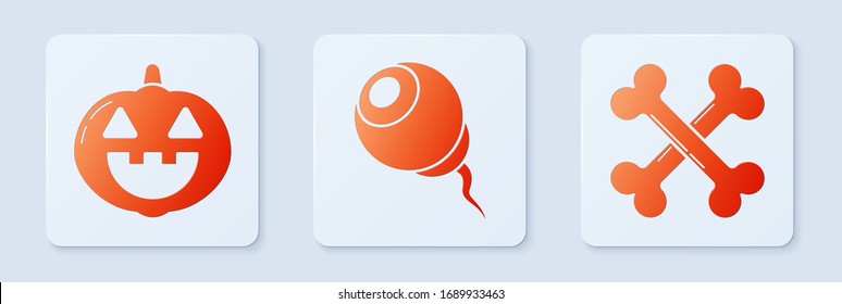 Fijar ojos , Calabaza y huesos cruzados . Botón cuadrado blanco. Vector