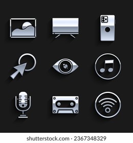 Set Eye, Retro-Audio-Kassetten, Wi-Fi Wireless Internet-Netzwerk, Musik-Hinweis, Ton, Mikrofon, Pfeil-Cursor, Smartphone, Mobil-und Bild-Landschaft-Symbol. Vektorgrafik