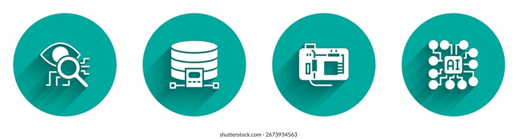 Set Eye scan, Cloud database, Motherboard and Neural network icon with long shadow. Vector