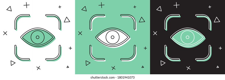Set Eye scan icon isolated on white and green, black background. Scanning eye. Security check symbol. Cyber eye sign.  Vector Illustration
