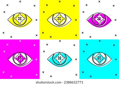 Stellen Sie das Augenscannsymbol einzeln auf Farbhintergrund ein. Scannen des Auges. Sicherheitsüberprüfungssymbol. Cyber-Augenzeichen.  Vektorgrafik