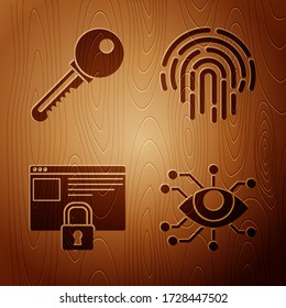 Set Eye scan , Key , Secure your site with HTTPS, SSL and Fingerprint  on wooden background. Vector