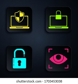 Set Eye scan , Laptop protected with shield, Open padlock  and Laptop and lock . Black square button. Vector