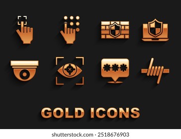 Set Eye scan, Laptop protected with shield, Arame farpado, Proteção por senha, Câmera de segurança, Escudo parede de tijolos, Impressão digital e ícone. Vetor