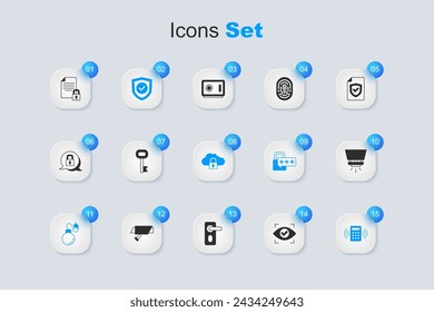 Set Eye scan, Old key, Shield with check mark, Bomb, Security keypad access panel, Fire sprinkler system, Document and lock and Cloud computing icon. Vector