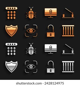 Set Eye scan, Parking car barrier, Prison window,  Open padlock, Shield, Lock computer monitor, Password protection and System bug concept icon. Vector