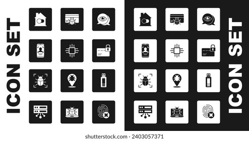 Ajuste el escaneo ocular, procesador con microcircuitos CPU, reconocimiento móvil y facial, hogar inteligente, bloqueo de tarjeta de crédito, error del sistema en crédito, unidad flash USB e icono. Vector