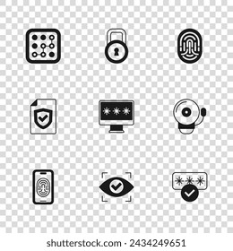 Escaneo de ojos, timbre de alarma, protección por contraseña, monitor con contraseña, huella dactilar, gráfico, bloqueo e icono de escudo de contrato. Vector