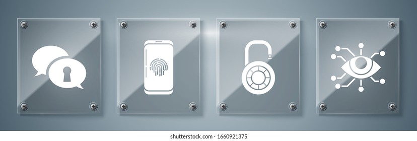 Set Eye scan , Safe combination lock wheel , Smartphone with fingerprint scanner  and Protection of personal data . Square glass panels. Vector