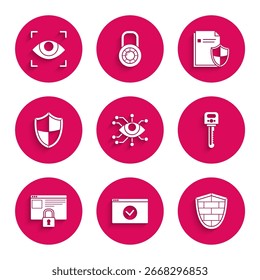 Set Eye scan, Proteja seu site com HTTPS, SSL, parede de tijolo de segurança cibernética Shield, chave, conceito de proteção de documentos e ícone. Vetor