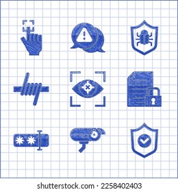 Set Eye scan, Security camera, Shield with check mark, Document and lock, Password protection, Barbed wire, System bug and Fingerprint icon. Vector