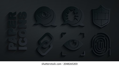 Set Eye scan, Shield with brick wall, Chain link, Fingerprint, System bug and  icon. Vector