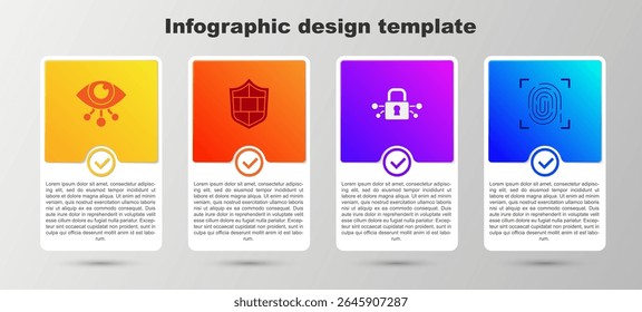 Escaneo de ojos, escudo con pared de ladrillo, seguridad cibernética y huellas dactilares. Plantilla de infografía de negocios. Vector