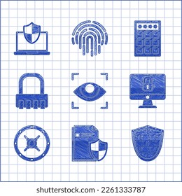 Set Eye scan, Shield with cyber security brick wall, Lock computer monitor screen, Safe, combination lock, Password and safety access and Laptop protected shield icon. Vector