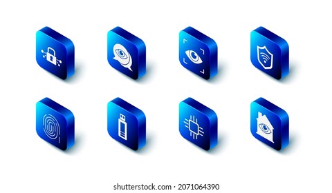 Indique el escaneo ocular, Escudo con WiFi inalámbrico, ojo de la casa, CPU de microcircuitos del procesador, unidad flash USB, huella digital e icono de ciberseguridad. Vector