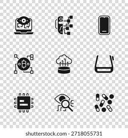 Set Eye Scan, Smart Brille auf Brille, Medical Pille Biohacking, Netzwerk Cloud-Verbindung, Mobiltelefon, Computer Vision, Humanoid Roboter und Blockchain-Technologie Bitcoin-Symbol. Vektorgrafik