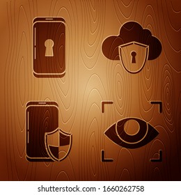 Ajuste Escaneo de ojos , Smartphone con cerradura , Smartphone con escudo de seguridad, Nube y escudo sobre fondo de madera. Vector