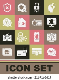 Set Eye scan, System bug on monitor, Cyber security, Smart home, Shield with cross mark and Firewall, wall icon. Vector